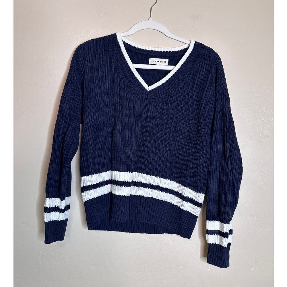 Lucky Navy Blue Cable Knit Sweater with White Trim XS